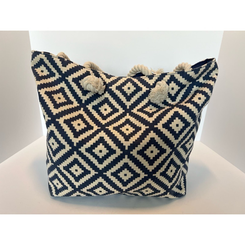 Summer & Rose Nautical Tote, Geometric Pattern, Rope Handles, Blue & White - Picture 11 of 16